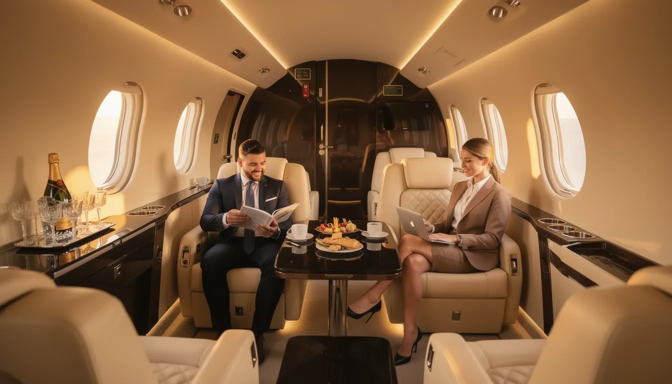 The image depicts a luxurious private jet interior, showcasing plush seating and elegant decor, designed for an exceptional private jet experience. This setting highlights the amenities available for private jet travelers, emphasizing comfort and personalized service during their journey.