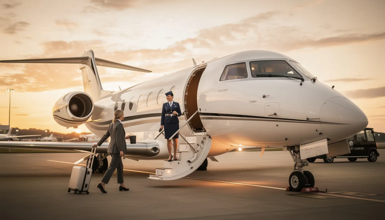 The image showcases a luxurious private jet interior, featuring a spacious cabin with plush seating and elegant decor, highlighting the comfort and amenities available during a private jet charter flight. This setting emphasizes the exclusive experience of flying private, catering to high net worth individuals and business executives seeking unparalleled flexibility in their travel plans.