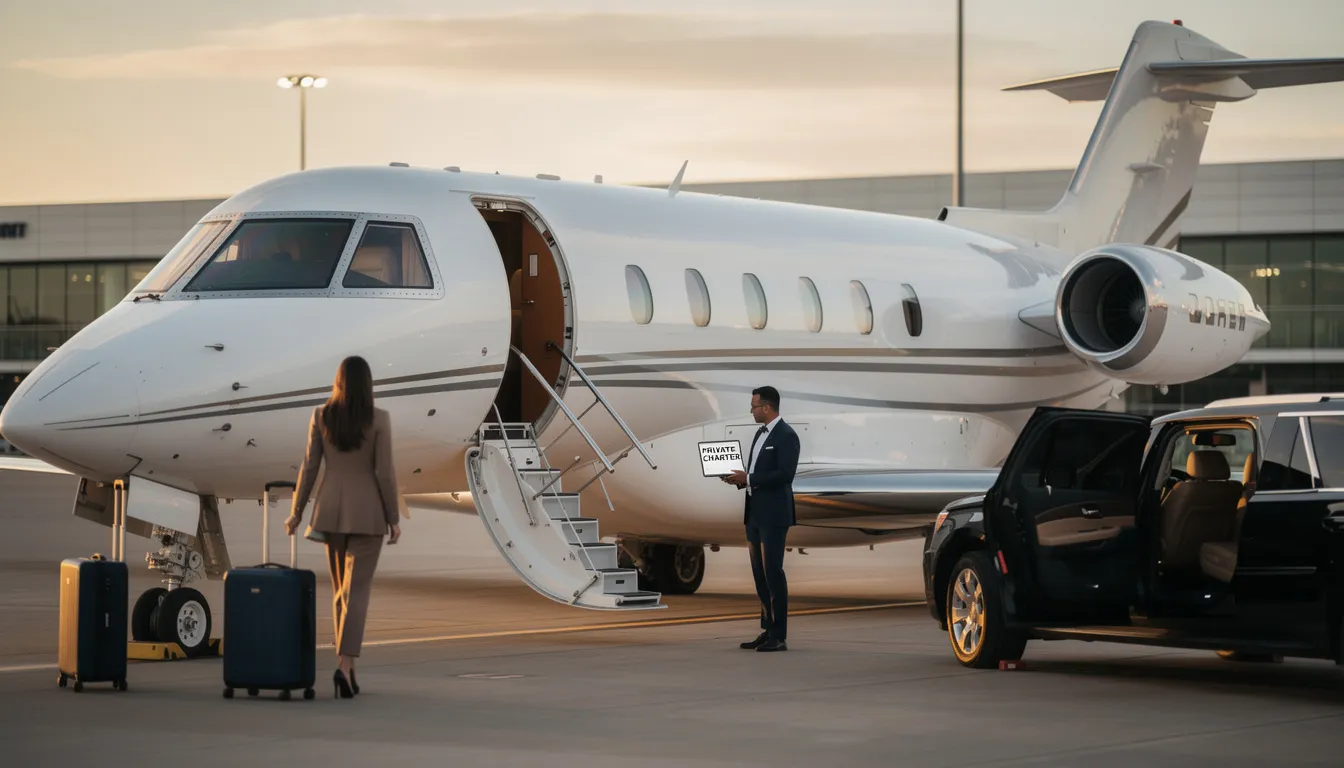 The image depicts a luxurious private jet parked at a private terminal, showcasing the spacious cabin and sleek design typical of private jet charters. This scene highlights the benefits of flying private, such as unparalleled flexibility and access to regional airports, catering to high net worth individuals and business executives.