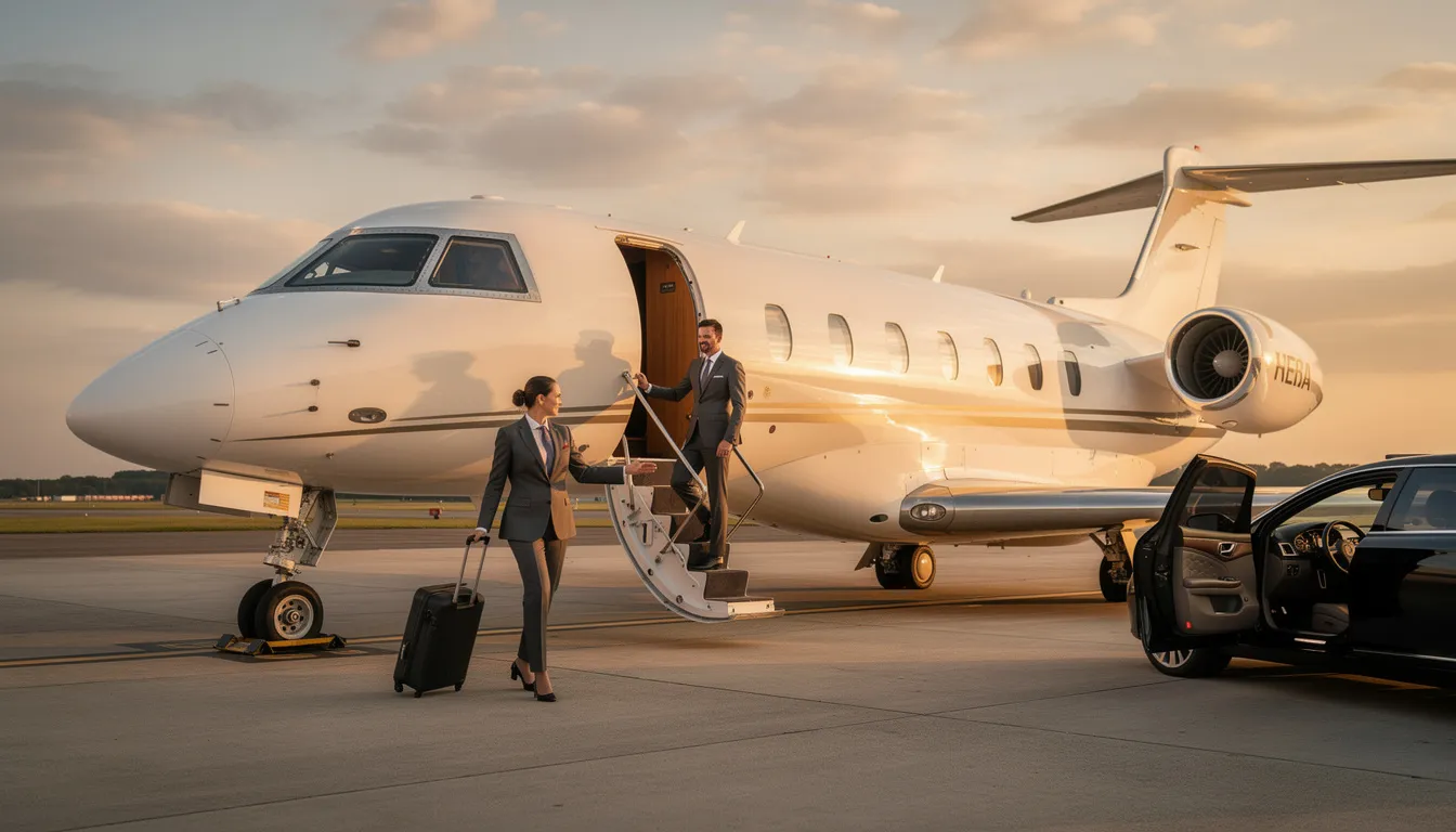 The image depicts a luxurious private jet soaring through clear blue skies, symbolizing the exclusive travel experiences offered by private aviation. Passengers are seen enjoying their journey in comfort, highlighting the appeal of flying private for a more personalized adventure.