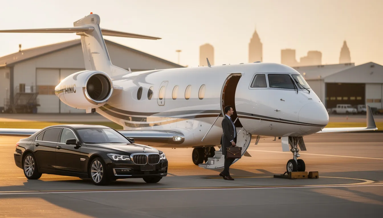 The image depicts a sleek private jet on the tarmac, showcasing the luxury and exclusivity of private jet travel. Surrounding the aircraft are business travelers and aviation experts discussing charter options, emphasizing the personalized services and operational excellence associated with private jet charters.