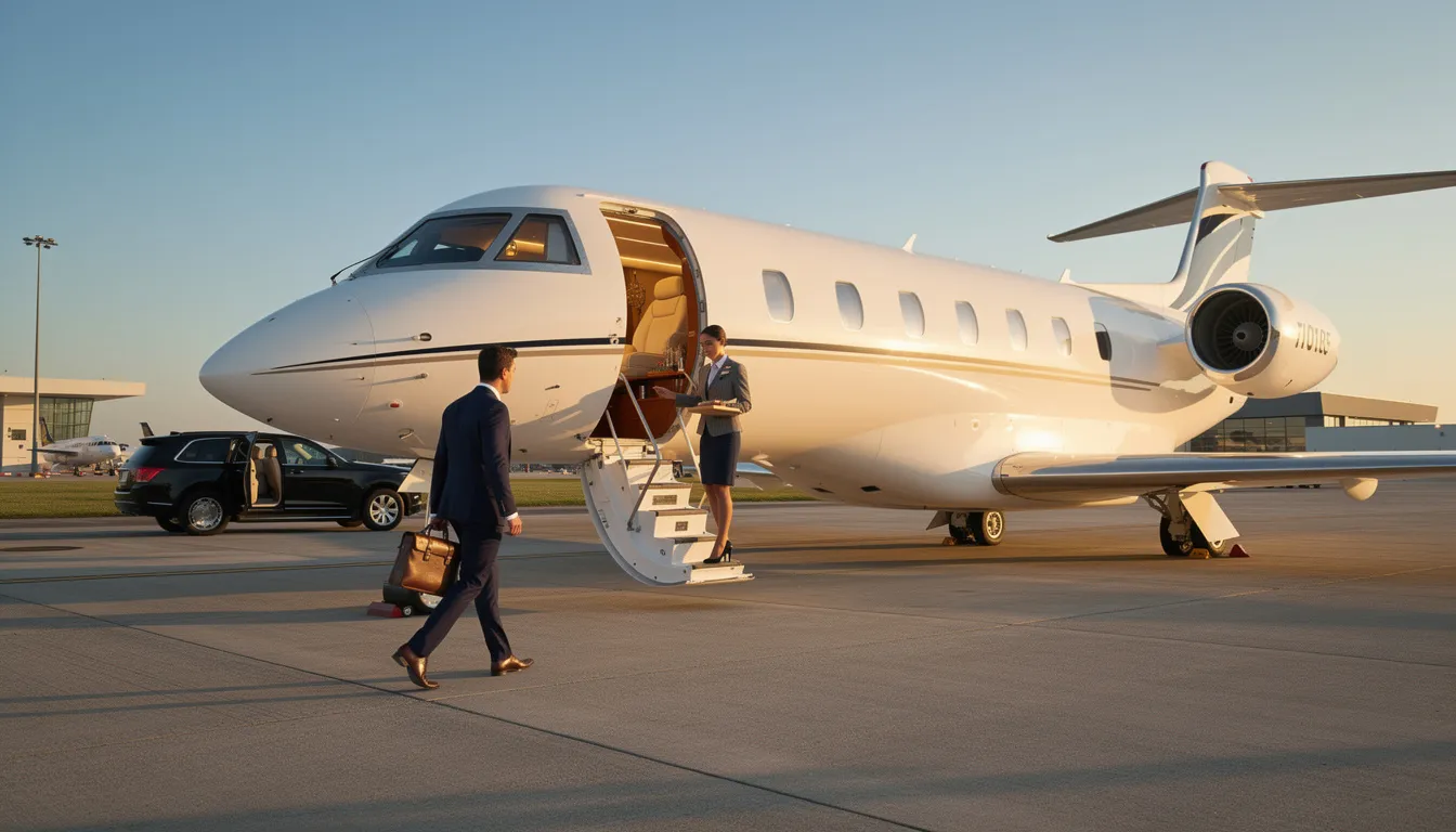 An image depicting the process of chartering a private jet, showcasing a luxurious private plane at a private terminal, surrounded by a dedicated team ready to assist passengers. This scene highlights the convenience and elegance of private jet travel, emphasizing the benefits of flexible scheduling and in-flight amenities.