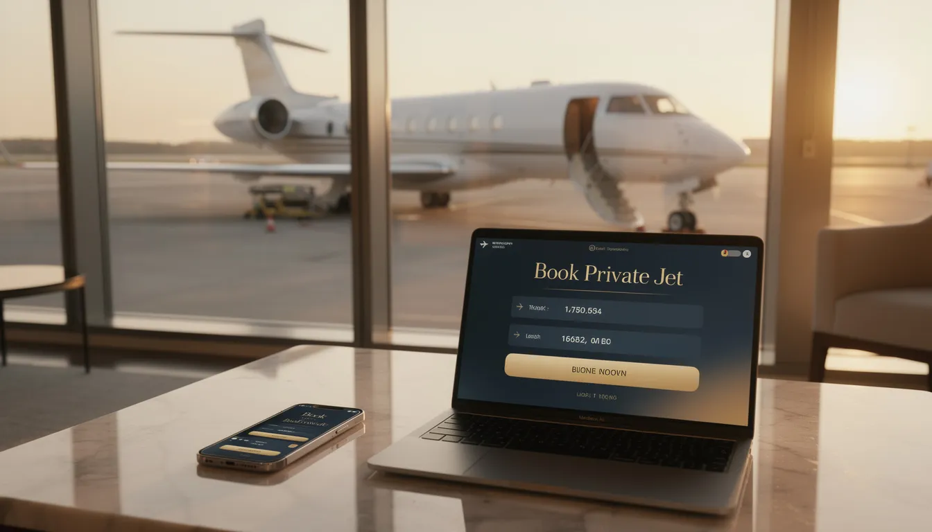 An image depicting the booking process for private jet travel, showcasing a luxurious private jet ready for takeoff at a private terminal, highlighting the convenience and exclusivity of charter flights. The scene emphasizes the comfort and efficiency of flying privately, with options for in-flight catering and personalized services.