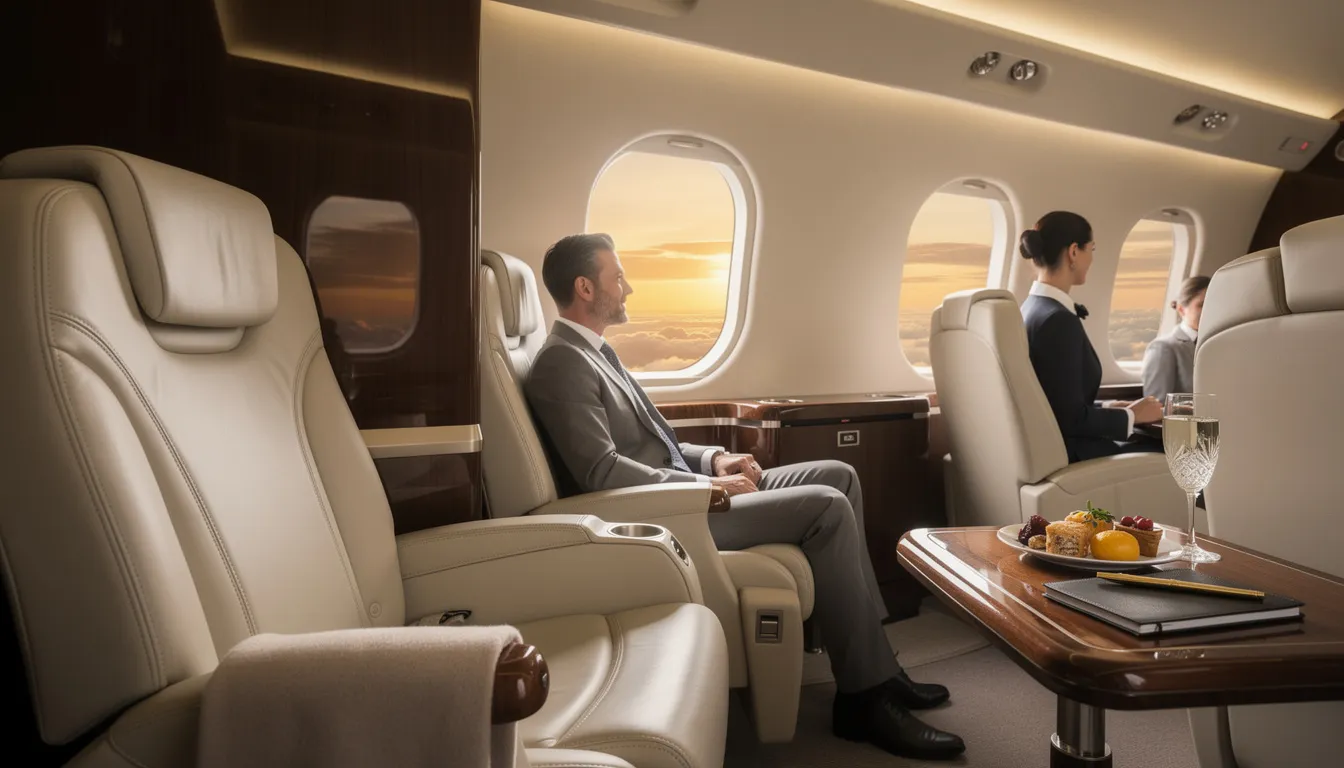 The image depicts a luxurious private jet interior, showcasing a spacious cabin designed for a stress-free travel experience. This private flight offers personalized service and the comfort of fewer passengers, making it an ideal choice for business travelers seeking a hassle-free alternative to commercial air travel.