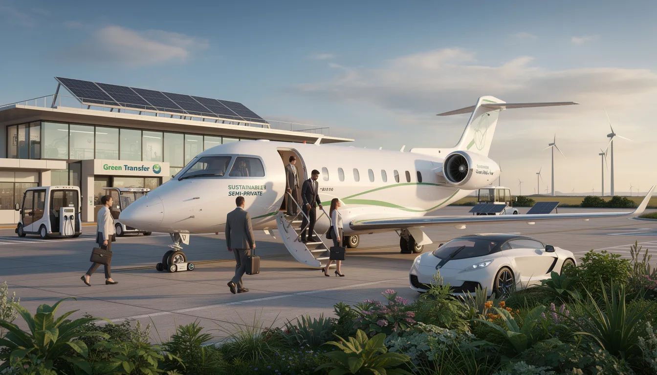 The image showcases a sleek private jet parked at a semi-private terminal, emphasizing the luxurious yet sustainable approach to aviation in semi-private travel. This scene highlights the convenience and personalized service offered, allowing travelers to enjoy a stress-free journey while avoiding long security lines typically associated with commercial flights.