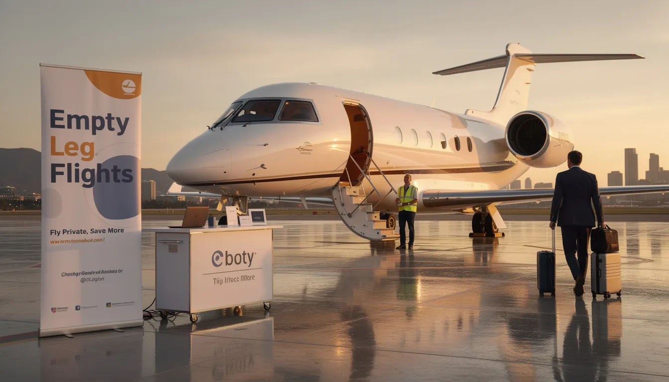 The image showcases a sleek private jet parked on a tarmac, symbolizing the concept of empty leg flights. This luxurious aircraft represents the cost-effective option for travelers looking to book private jet flights, offering convenience and style for their next journey.