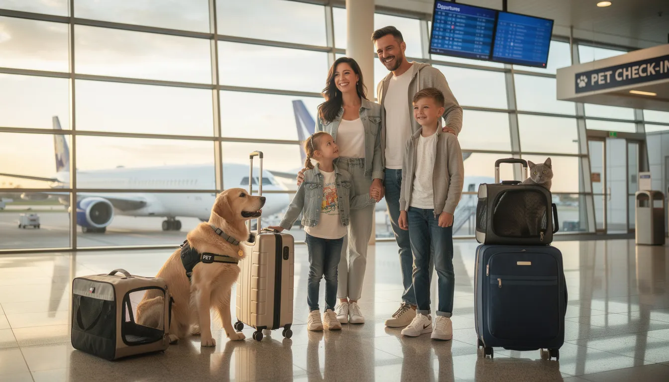 A family is enjoying a journey on a private flight with their pet dog, highlighting the convenience and ease of traveling together without the crowds often found in commercial airlines. The scene captures the joy of flying to a destination while prioritizing safety and comfort for all family members.