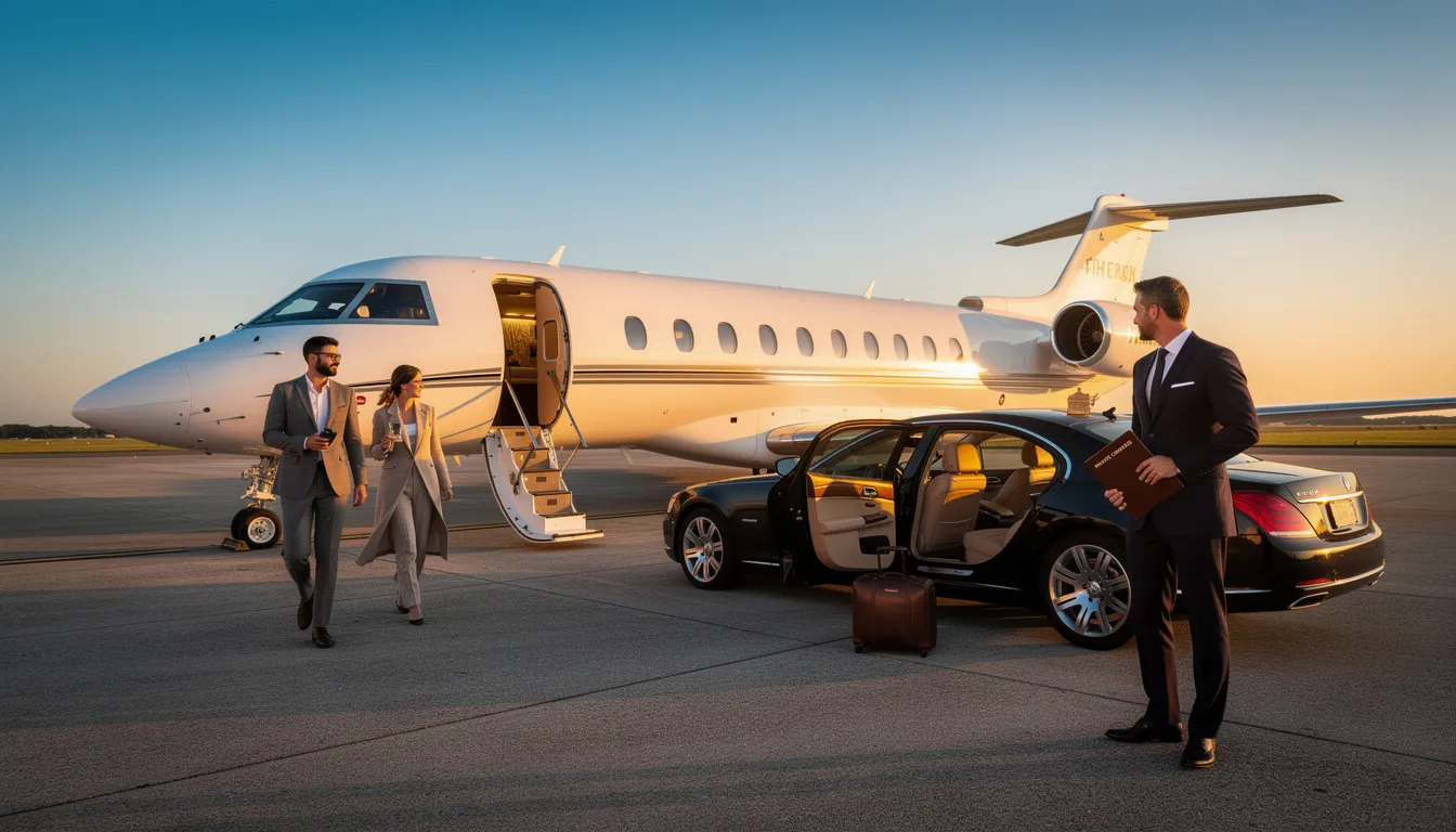 The image depicts a luxurious private charter aircraft ready for takeoff, showcasing the convenience and freedom of private flights. It emphasizes the ease of planning a trip without the crowds and long lines associated with commercial airlines, allowing travelers to enjoy a seamless journey to their chosen destination.