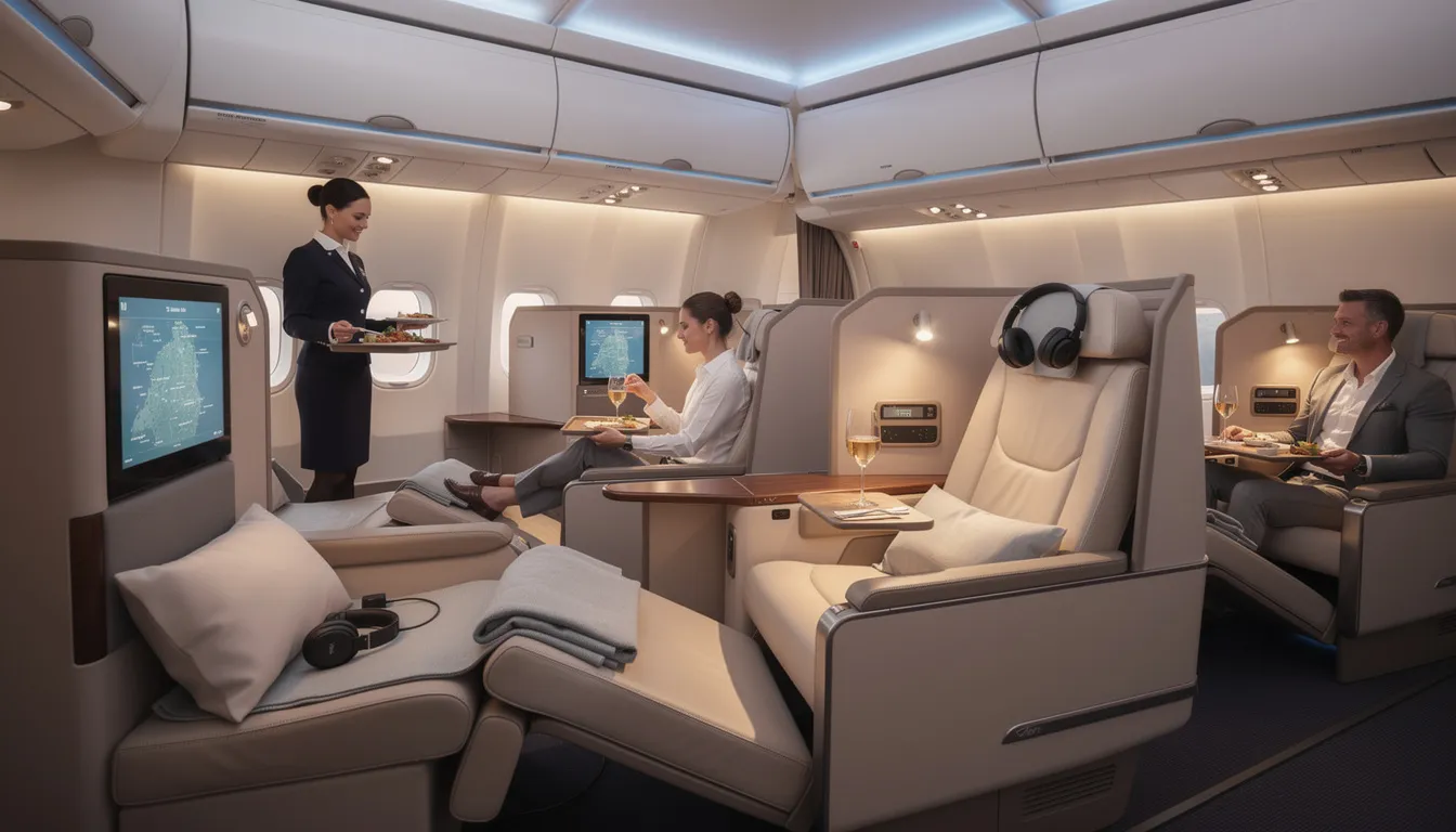 The image showcases the contrast between commercial flights and private jet travel, highlighting the luxurious amenities and personalized service offered by private jets. It emphasizes the comfort and convenience of private flying, which allows for faster speeds and more control over departure times compared to commercial airline flights.