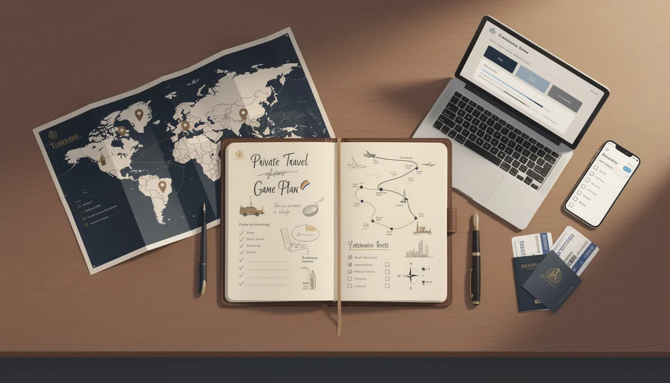 The image titled "Private Travel Game Plan" showcases a luxurious private jet, highlighting the benefits of flying private, such as personalized service and convenience. It illustrates various aspects of private jet flights, including options for empty leg flights and charter flights, catering to travelers seeking an accessible and comfortable travel experience.