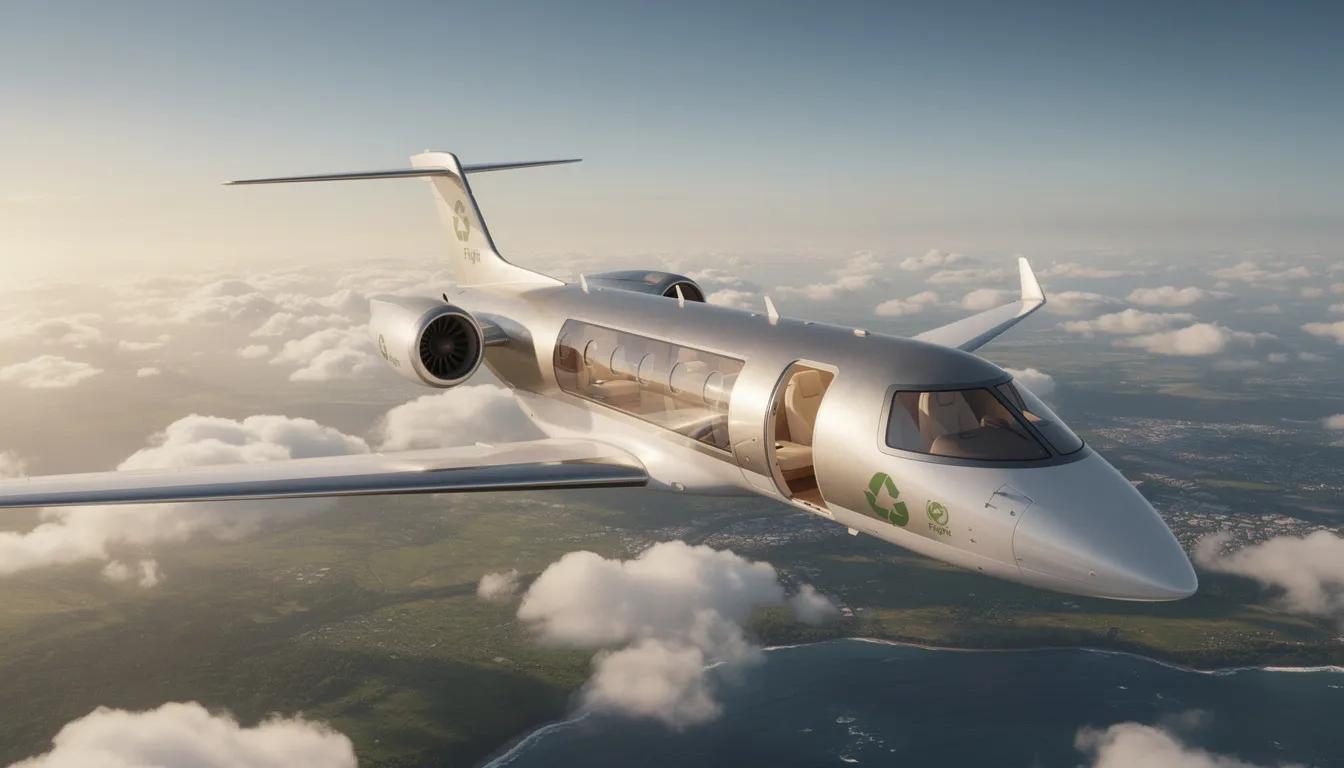 The image depicts a luxurious private jet parked at a private terminal, showcasing the convenience and personalized service of charter flights for discerning travelers. With a focus on sustainable private travel, it highlights the benefits of flying private, including fast track boarding and access to a global network of destinations.