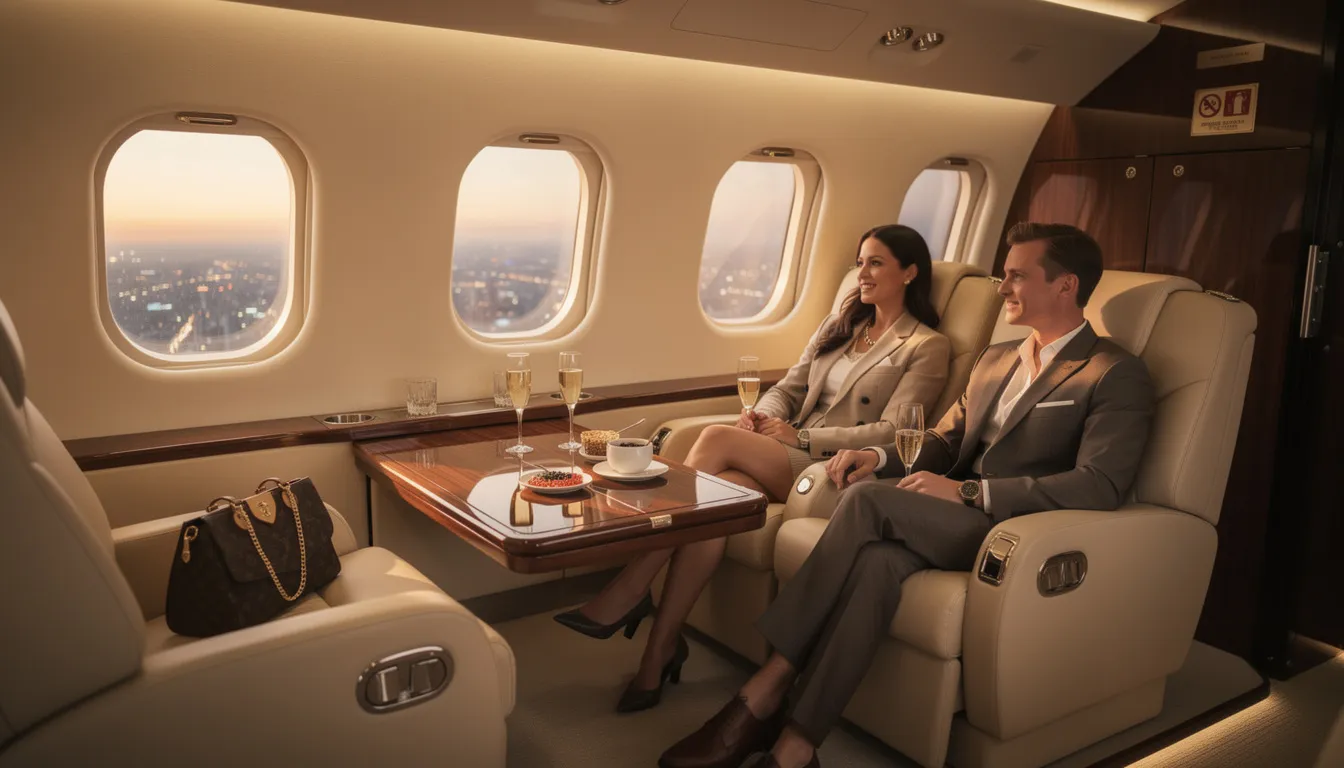 The image depicts a luxurious private jet parked at a private terminal, highlighting the exclusivity of private aviation travel. It showcases the convenience and personalized service offered to discerning travelers seeking a seamless travel experience, away from the long security lines of commercial air travel.