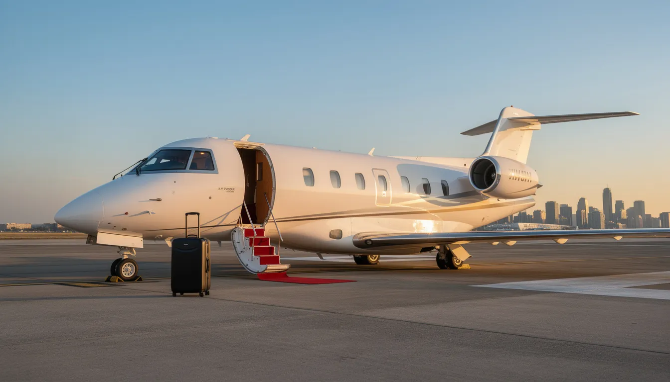 The image showcases an affordable private jet, highlighting its sleek design and compact size, ideal for budget-conscious buyers looking for economical private aviation options. This very light jet represents a cost-effective choice for private travel, allowing access to smaller airports and shorter runways.