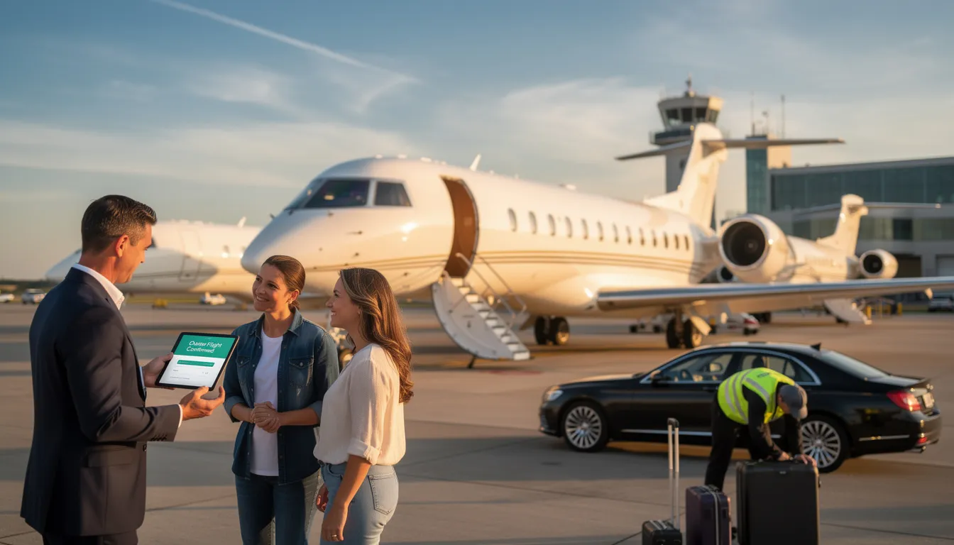 The image depicts a luxurious large private jet on the runway, showcasing its sleek design and spacious cabin, ideal for private travel. This aircraft represents the key advantages of private aviation, offering efficient options for business trips and international flights while emphasizing cost effectiveness and lower operating costs compared to commercial airlines.