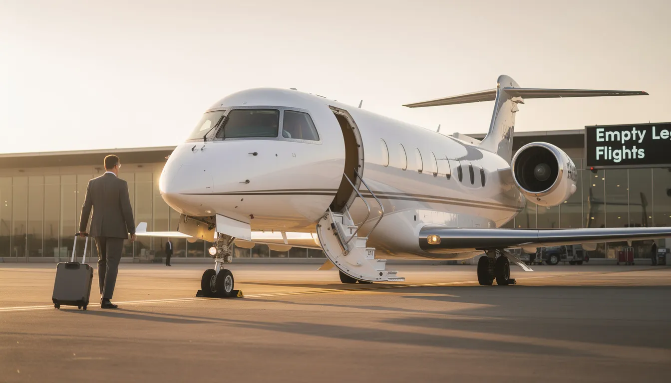 The image depicts a sleek private jet parked at a luxurious hangar, highlighting the concept of empty leg flights, which offer cost-effective options for private jet travel. It emphasizes the elegance and convenience of private jet charters, showcasing the possibilities of renting a private jet for various flight distances and durations.