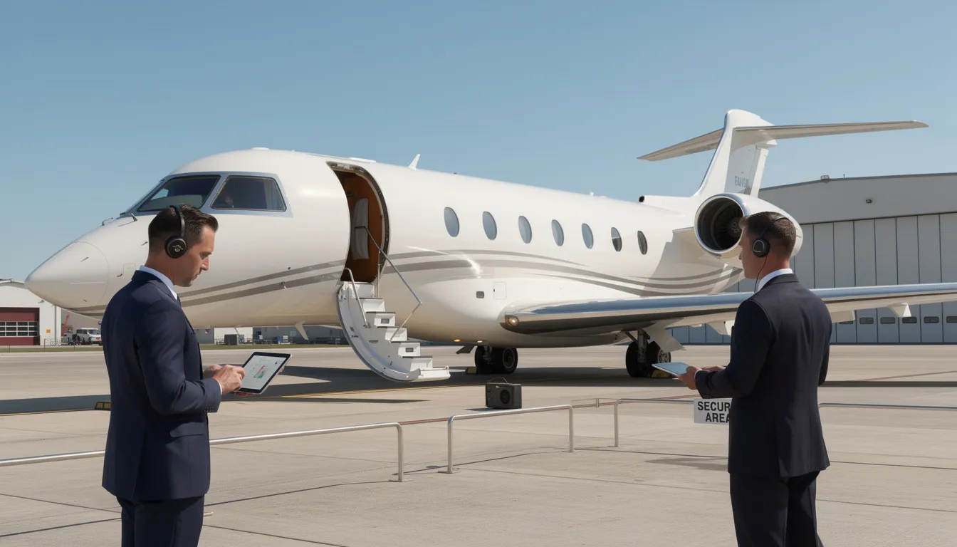 The image depicts a luxurious private jet on a tarmac, emphasizing the importance of safety and security in private aviation. It showcases the sleek design of the private jet aircraft, highlighting features that ensure a secure and comfortable flying experience for passengers.
