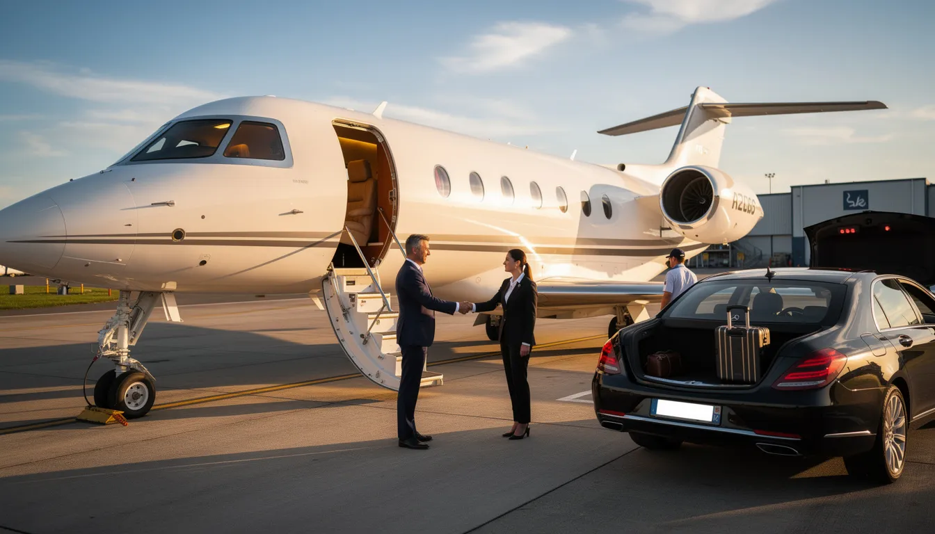 The image depicts a luxurious private jet on a runway, ready for chartering a private flight. It showcases the sleek design of the private jet aircraft, emphasizing the comfort and exclusivity of private jet travel, ideal for frequent flyers seeking direct access to their destination.