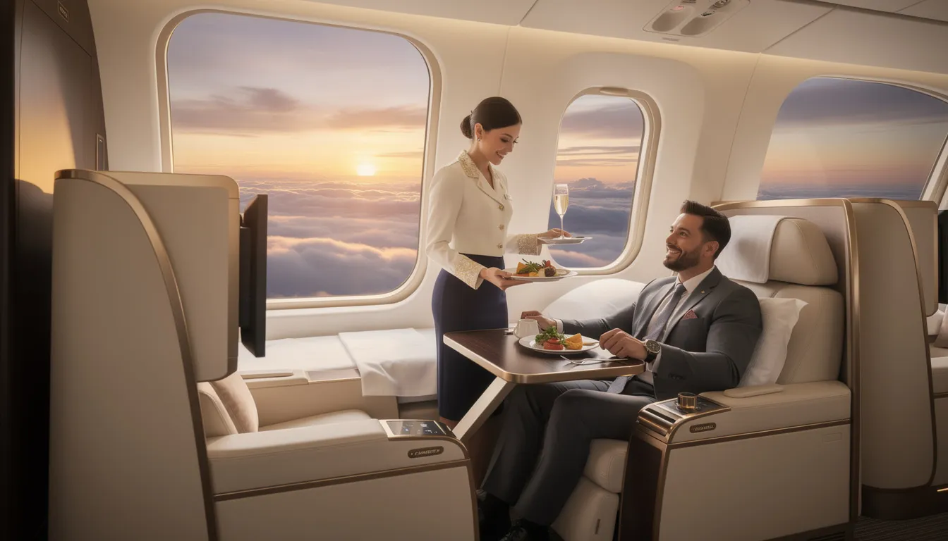 The image depicts a luxurious aircraft cabin designed for premium in-flight experiences, featuring spacious private jet seats and personalized service. The setting includes advanced in-flight entertainment systems and elegant tray tables, highlighting the comfort and convenience of private flights.