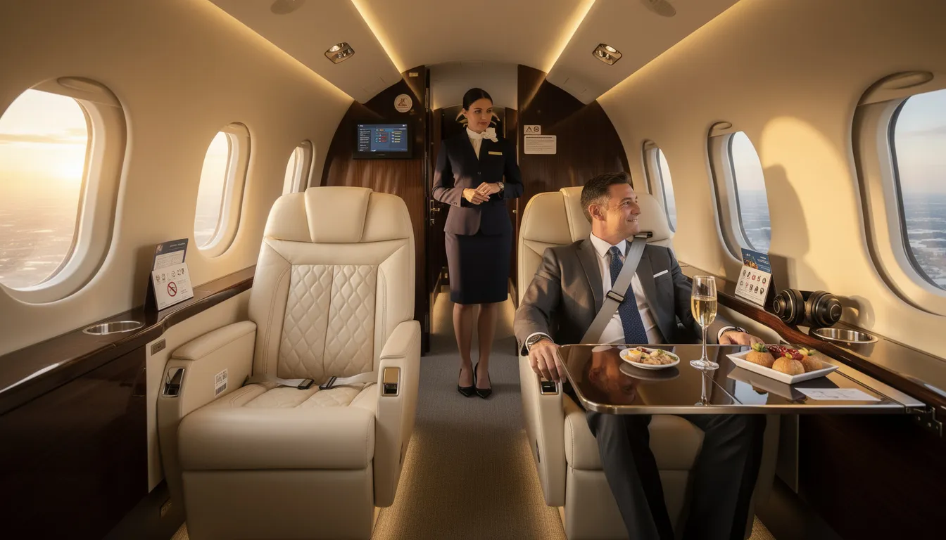 The image depicts a luxurious private jet, showcasing its spacious cabin and in-flight amenities, emphasizing the comfort and safety of private aviation. This setting reflects the unparalleled convenience and exclusive experience of private jet travel, ideal for frequent travelers seeking efficient air transportation.