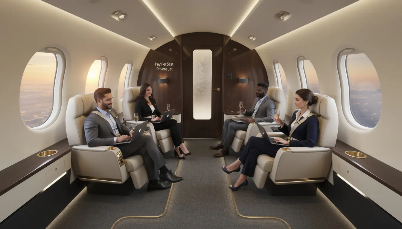 An image depicting a luxurious private jet with spacious cabins and sleek design, showcasing the option for pay per seat private jet travel. The scene highlights the convenience of private jet charter services, emphasizing the comfort and exclusivity of flying in a business jet over commercial flights.