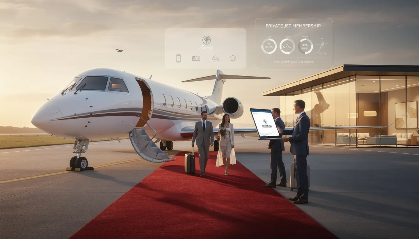 The image depicts a luxurious private jet parked at an airport, symbolizing the benefits of private jet memberships and the convenience of private air travel. It highlights the seamless experience of flying private, catering to frequent flyers who seek cost-effective options like empty leg flights and charter services.
