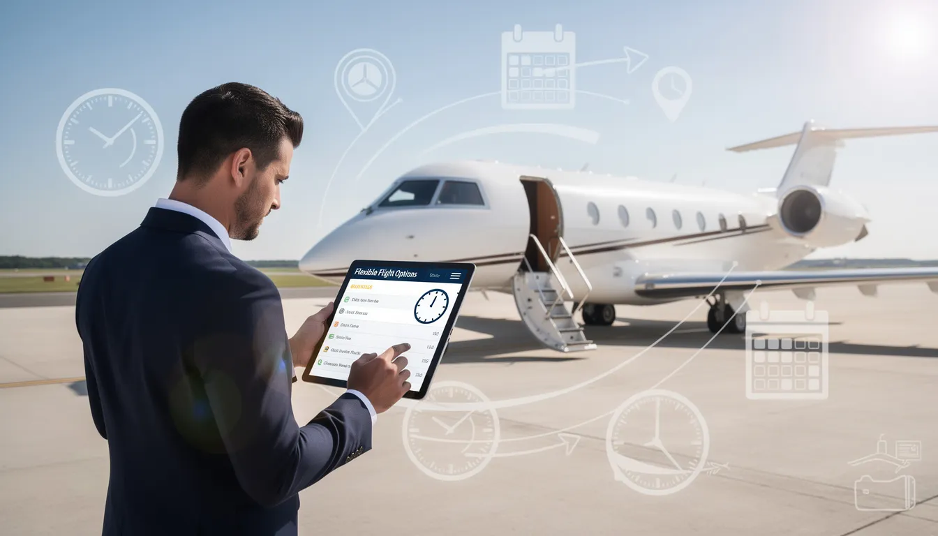 The image depicts a luxurious private jet, showcasing its spacious interior designed for flexible travel plans. Highlighting the advantages of private jet travel, it emphasizes options like empty leg flights for discounted rates, allowing travelers to enjoy convenient and efficient journeys to various destinations.