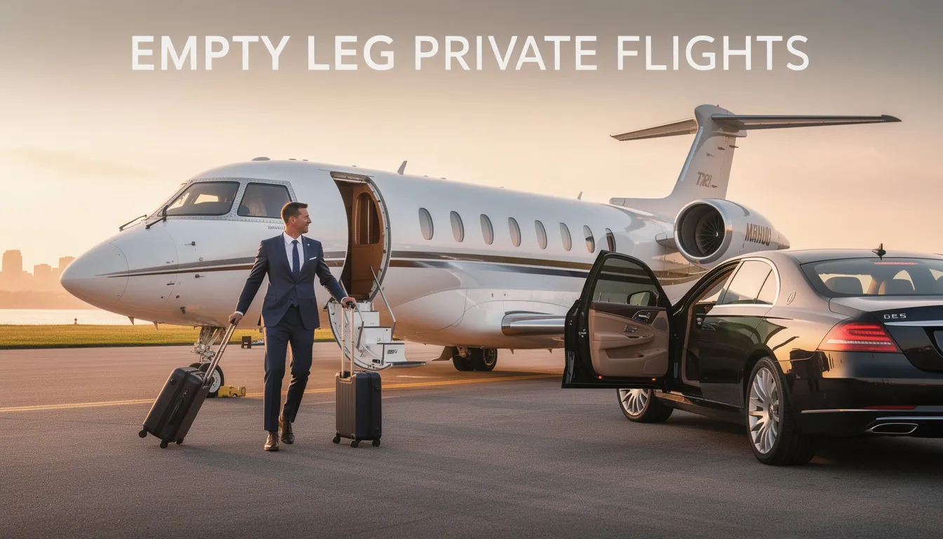An image showcasing a sleek private jet parked at an airport, emphasizing the concept of empty leg private flights, which offer travelers a cost-effective way to book an entire aircraft for their journey. The setting highlights the luxury and convenience of private jet travel, with clear skies in the background, hinting at various travel plans and destinations available for discerning passengers.