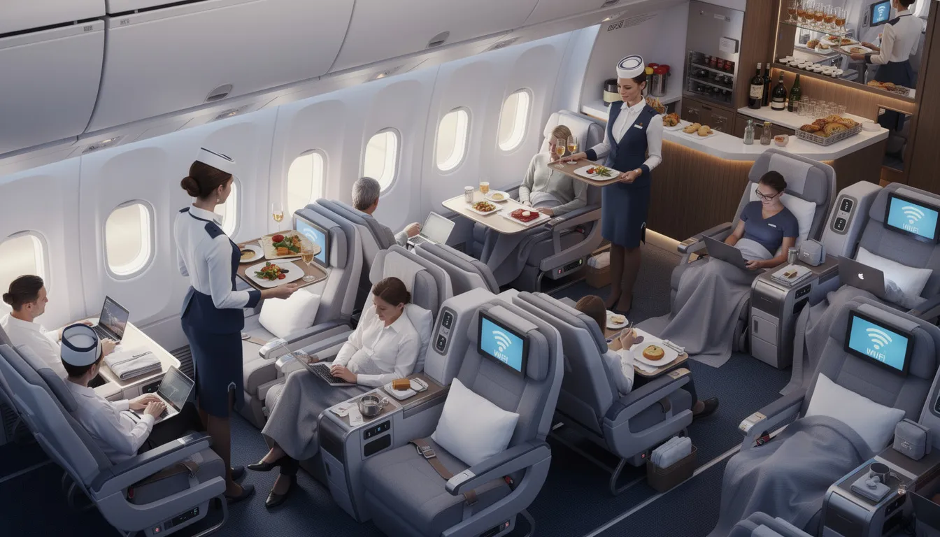 The image showcases the luxurious in-flight amenities and services available on a private jet, highlighting features such as spacious cabins, gourmet dining options, and personalized service for discerning travelers. This private jet experience emphasizes comfort and convenience, making it an ideal choice for those seeking seamless travel and time savings on their journeys.