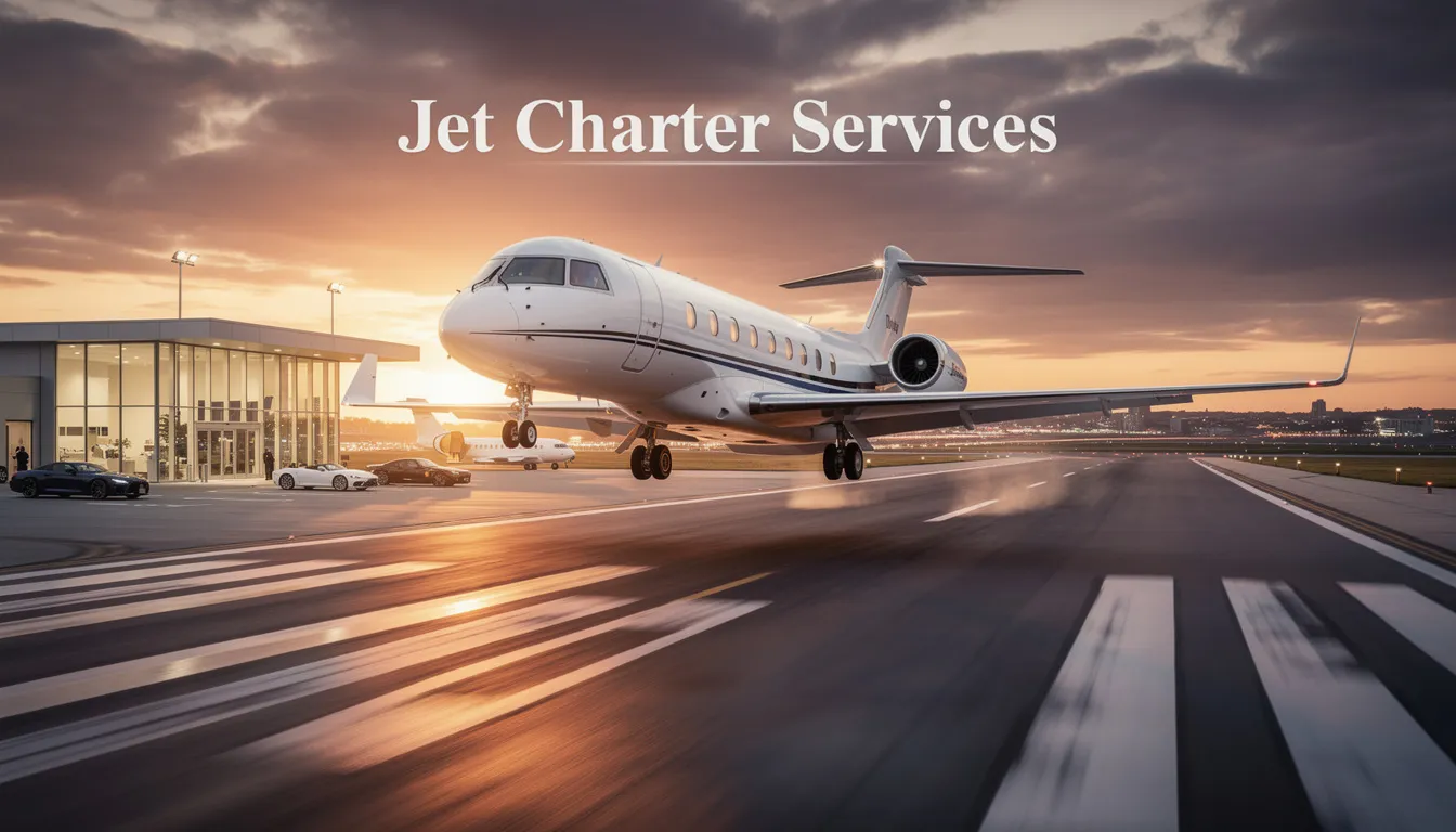The image depicts a luxurious private jet parked at a private terminal, showcasing the sleek design and spacious cabin that cater to discerning travelers. This scene highlights the convenience and personalized service associated with private jet charter services, emphasizing the seamless journey and time savings compared to commercial air travel.
