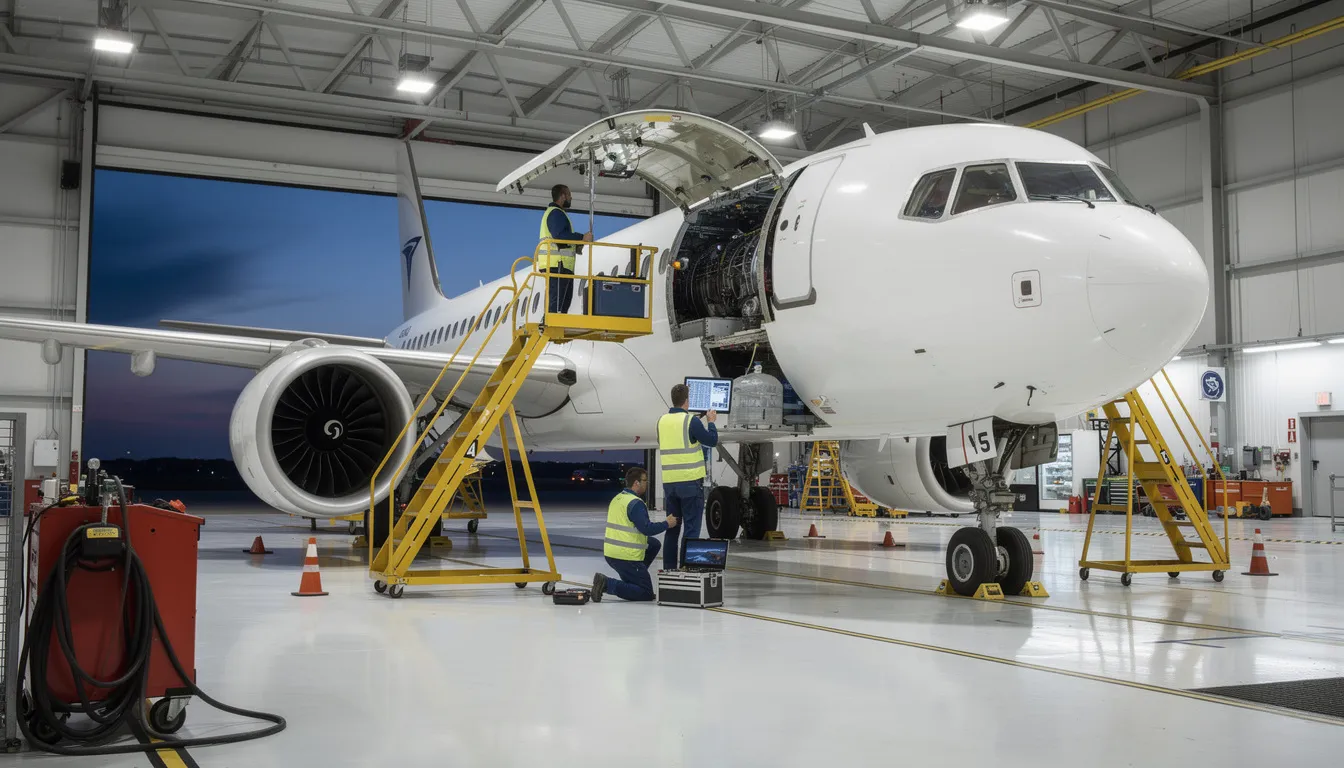 The image depicts a team of aviation experts performing aircraft maintenance on a sleek private jet, ensuring operational excellence and the highest safety standards. This scene highlights the importance of meticulous care in the private aviation market, catering to discerning travelers seeking personalized services and seamless travel experiences.