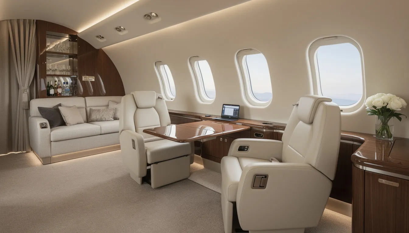 The image showcases the luxurious interior of a private jet, highlighting the cabin comfort and design tailored for passengers. Plush seating and elegant finishes create a serene atmosphere, ideal for business travel and relaxation during flight.
