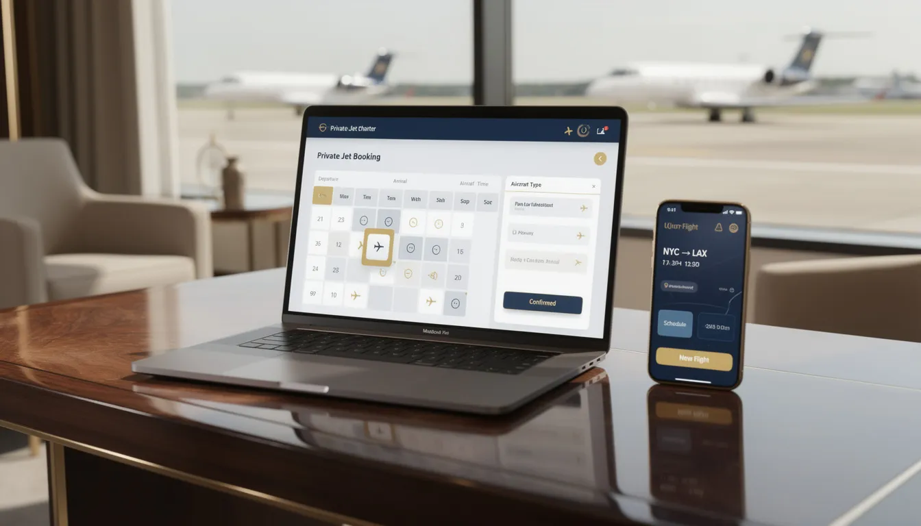 An image depicting the process of booking and scheduling a private jet, showcasing a luxurious private jet with a spacious cabin and a dedicated team ready to assist clients. The scene emphasizes the convenience of private jet travel, highlighting features like direct access to smaller airports and the ability to accommodate last-minute changes for a seamless journey.