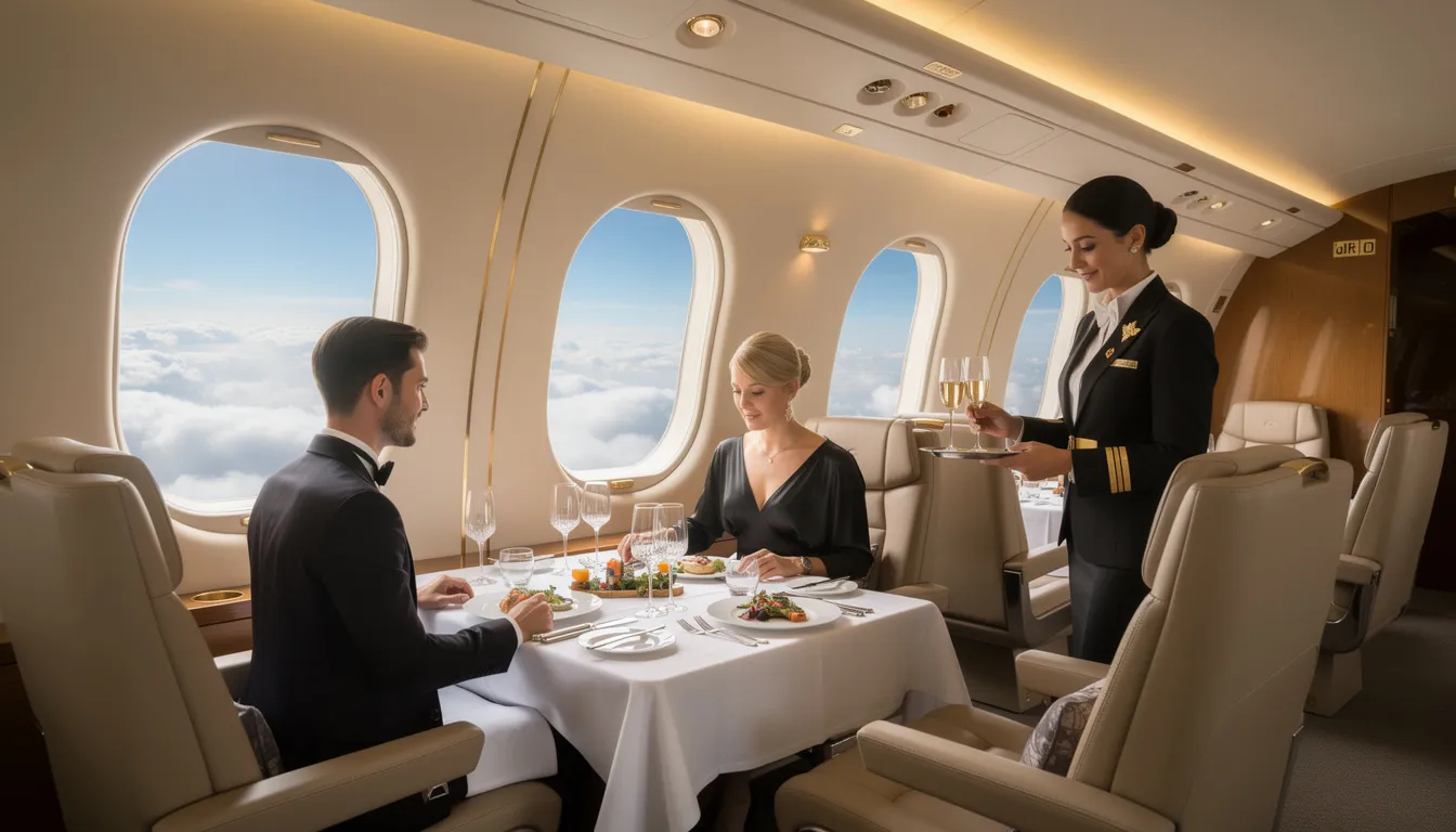 The image captures a luxurious fine dining experience aboard a private jet soaring through the sky, featuring world-class accommodations and white glove service. Passengers enjoy gourmet meals while taking in breathtaking views, embodying the essence of private jet journeys and adventure that awaits in their travels.