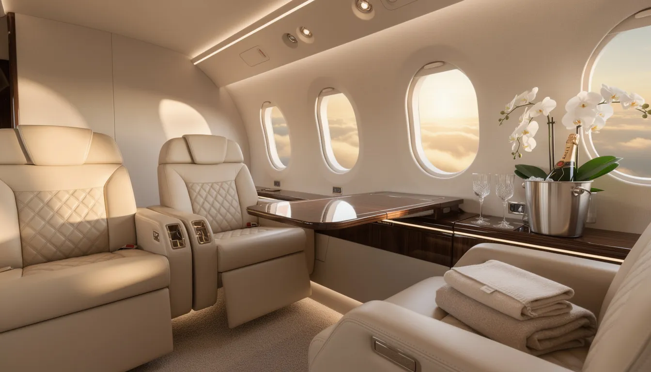 The image showcases a luxurious private jet interior, emphasizing comfort and elegance, perfect for private jet travelers. This setting highlights the exceptional service and convenience that comes with private jet charter flights, catering to both business and leisure travel needs.