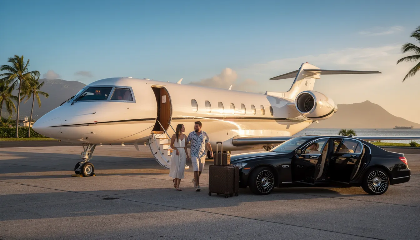 The image depicts a luxurious private jet parked at a private terminal, symbolizing the ultimate convenience of private jet travel for leisure. It showcases the sleek design of the aircraft, highlighting the exceptional service and comfort offered to private jet travelers.