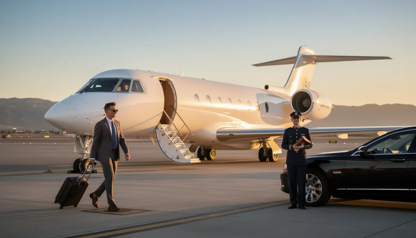 The image depicts a luxurious private jet parked at a private airport, showcasing the sleek design of the aircraft and the exclusive amenities available for travelers. Surrounding the jet are well-maintained facilities and a clear runway, emphasizing the comfort and convenience of private aviation.
