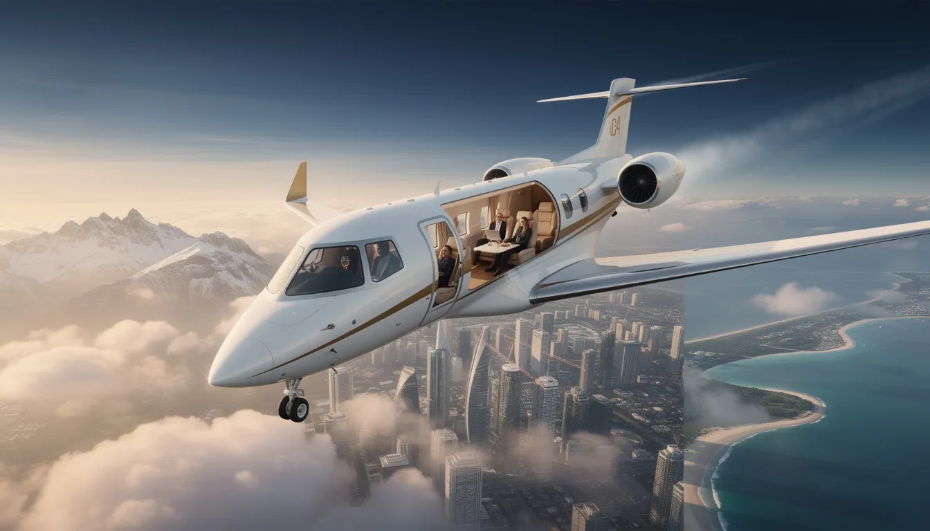 The image depicts a luxurious private jet soaring above breathtaking landscapes, symbolizing the ultimate travel experience around the world. It invites travelers to embark on private jet journeys to remote destinations like Easter Island and the Great Barrier Reef, offering seamless access to stunning accommodations and unique cultural experiences.