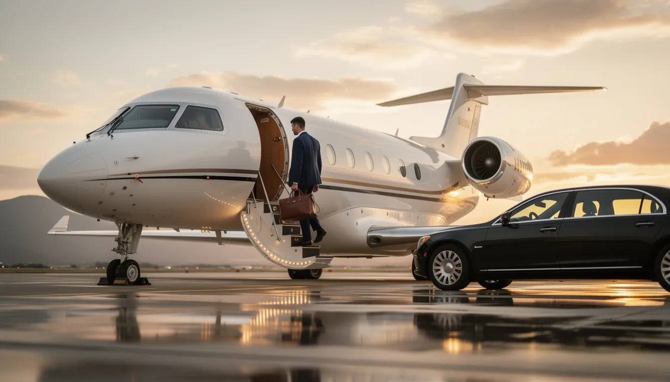 The image depicts a luxurious private jet parked at a private terminal, symbolizing the beginning of an exclusive travel experience. This jet offers access to remote destinations like Easter Island and the Great Barrier Reef, promising seamless journeys and stunning accommodations for fellow travelers.