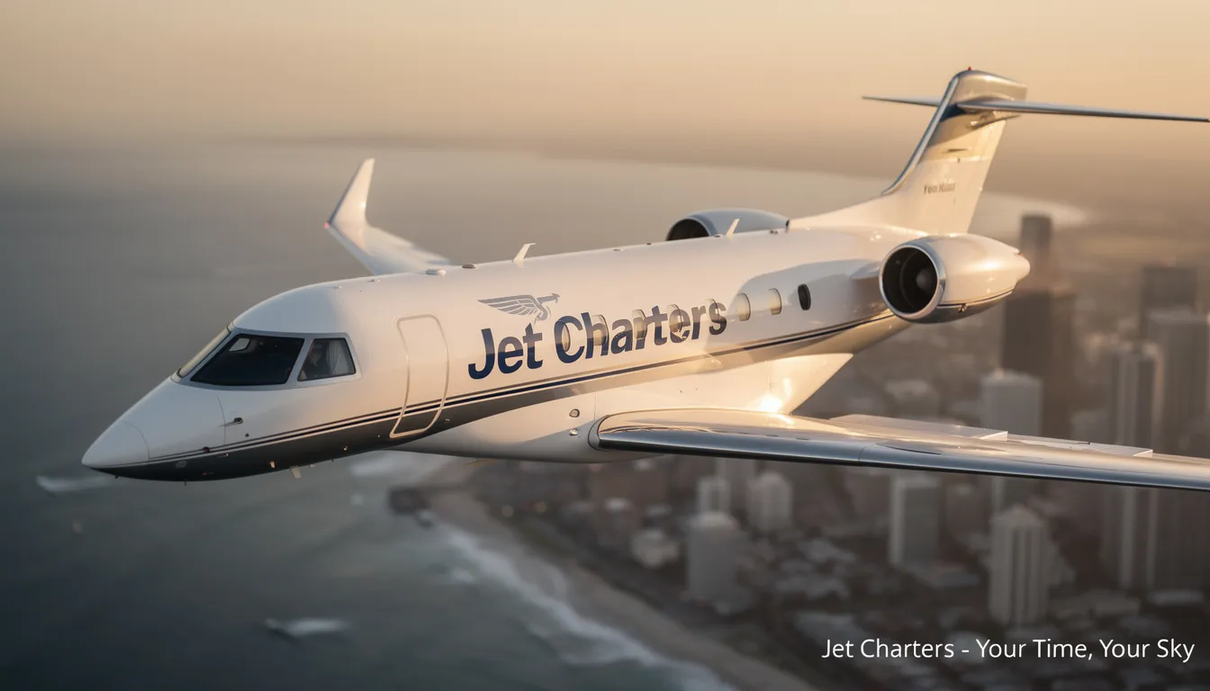 The image depicts a sleek private jet parked at a modern airport, showcasing the luxury of private jet charters available for trips to popular destinations like Los Angeles, San Francisco, and Lake Tahoe. The aircraft features a spacious cabin designed for comfort, perfect for flying private to enjoy a personalized travel experience.