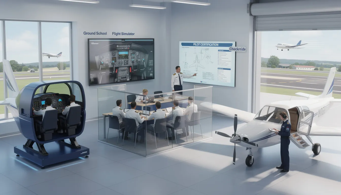 The image depicts a pilot engaged in training and certification for flying a HondaJet Classic, showcasing the advanced performance modification group involved in aviation programs. The scene captures the essence of business aviation, emphasizing safety and the global industry standards required for aircraft operators and owners.