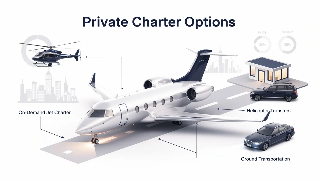 The image showcases various private charter options for travelers, highlighting the luxurious experience of private jet travel. It features sleek private jets parked at a private terminal, emphasizing spacious cabins and available seats for small or larger groups, making it ideal for those seeking a comfortable and efficient flying experience.