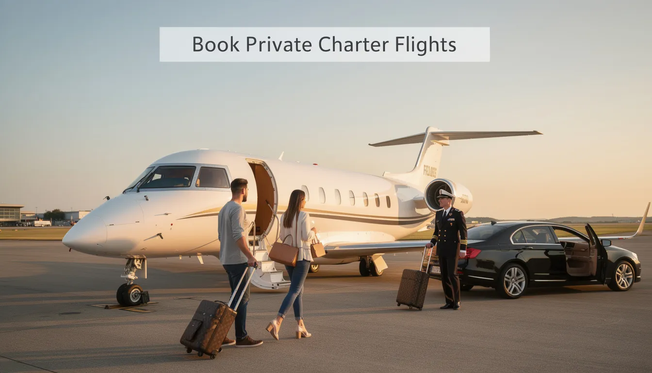 An image showcasing the luxurious experience of booking private charter flights, featuring a sleek private jet ready for takeoff at a private terminal, surrounded by beautiful landscapes. This scene captures the essence of private aviation, emphasizing the personalized service and exclusive travel options available to discerning travelers.