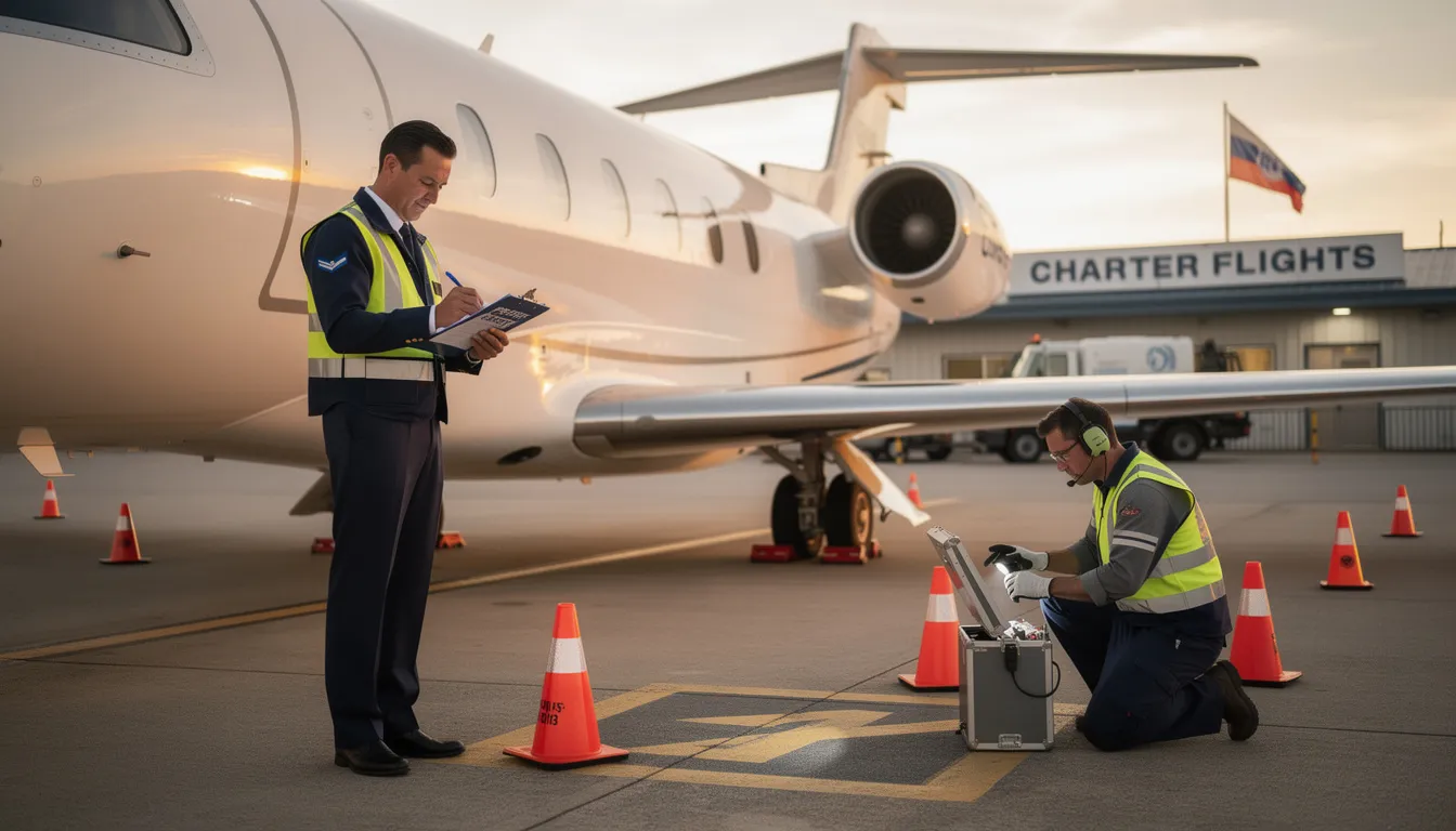 The image depicts a team conducting safety checks on a private jet before a charter flight, emphasizing the importance of operational excellence in the private aviation industry. This meticulous process ensures a seamless travel experience for private jet travelers, highlighting the commitment to safety and quality in luxury private jet travel.