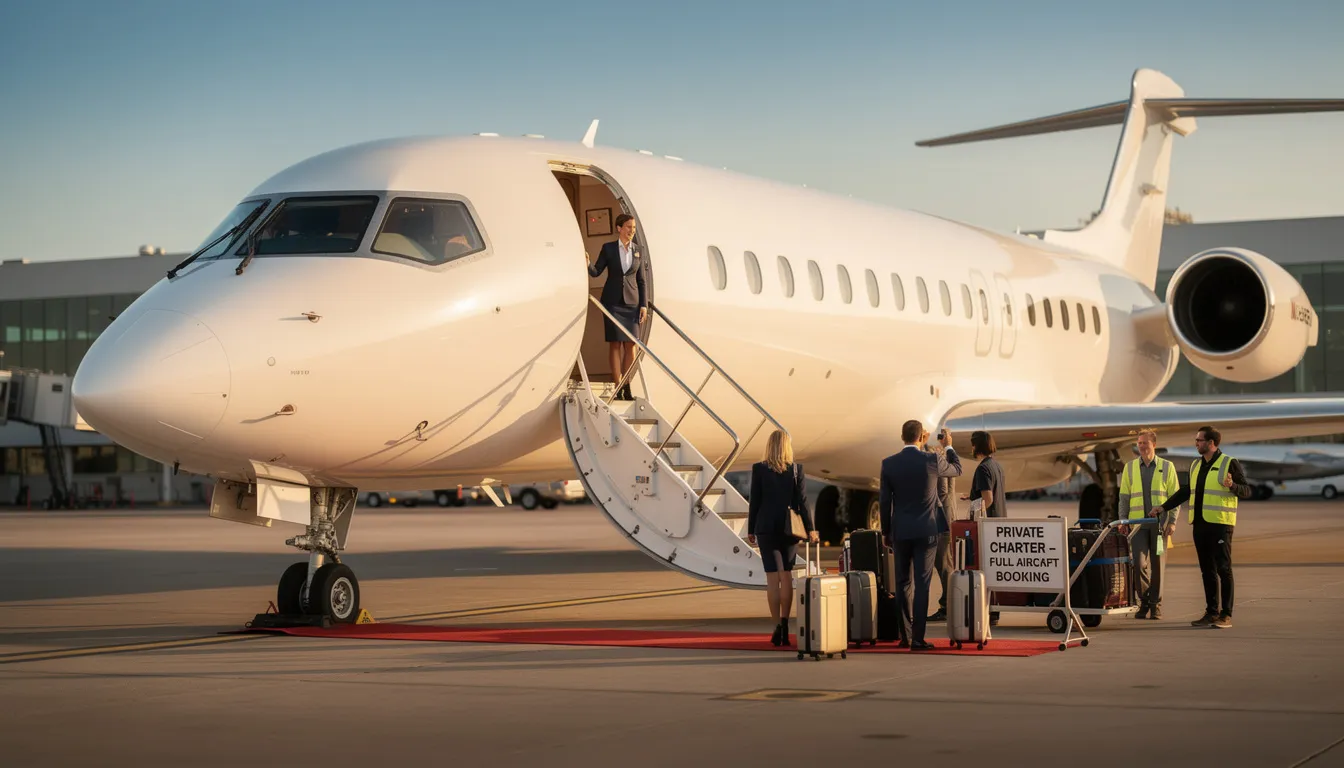 The image depicts a luxurious private jet, showcasing the spacious interior designed for comfort and elegance, ideal for booking the entire aircraft for your next journey. This private charter flight offers many seats for passengers, emphasizing the convenience and flexibility of private jet travel to popular destinations.