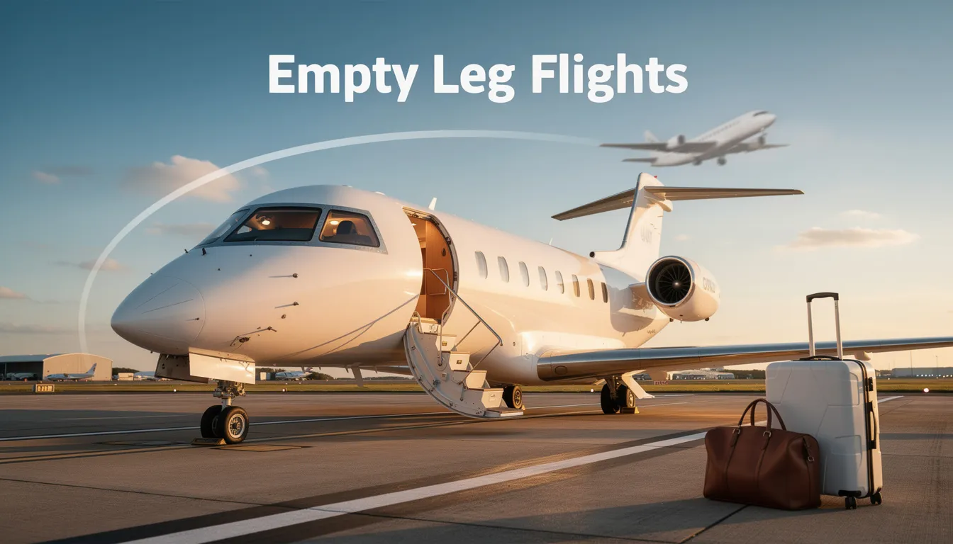 The image depicts a sleek private jet parked on a tarmac, symbolizing the concept of empty leg flights in the private aviation industry. This visual represents the luxury and convenience of flying private, offering travelers a personalized experience without the conventional hurdles often associated with air travel.