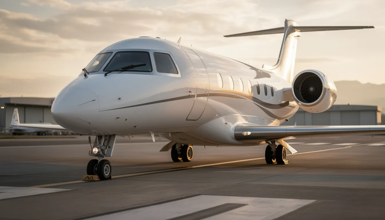 The image showcases a luxurious private jet parked on a tarmac, symbolizing the jetset lifestyle and exclusive travel options available to clients. This aircraft is ready for flights to stunning destinations like Los Cabos, providing seamless service and comfort for those looking to explore the world.