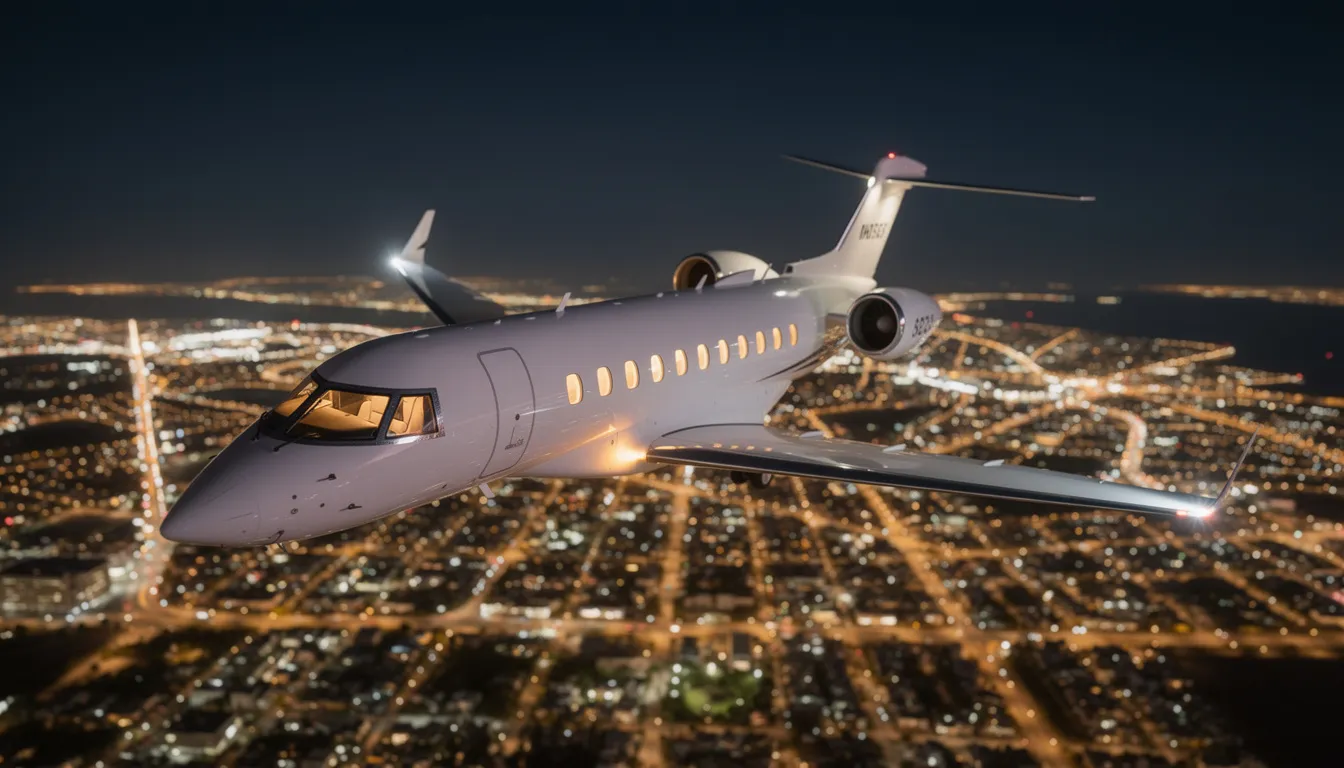 An elegant private jet is shown soaring through a clear blue sky, symbolizing the luxurious experience of private jet travel. The image captures the essence of private aviation, highlighting the convenience and exclusivity of private charter flights.