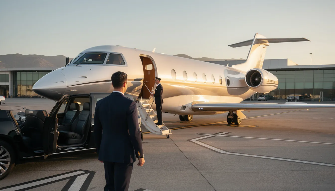 The image depicts a luxurious private jet parked at a small airport, showcasing its sleek design and spacious cabin, symbolizing the benefits of private jet ownership and private jet travel. This scene highlights the exclusivity and convenience of flying privately, with potential insights into private jet charter costs and the overall private aviation industry.