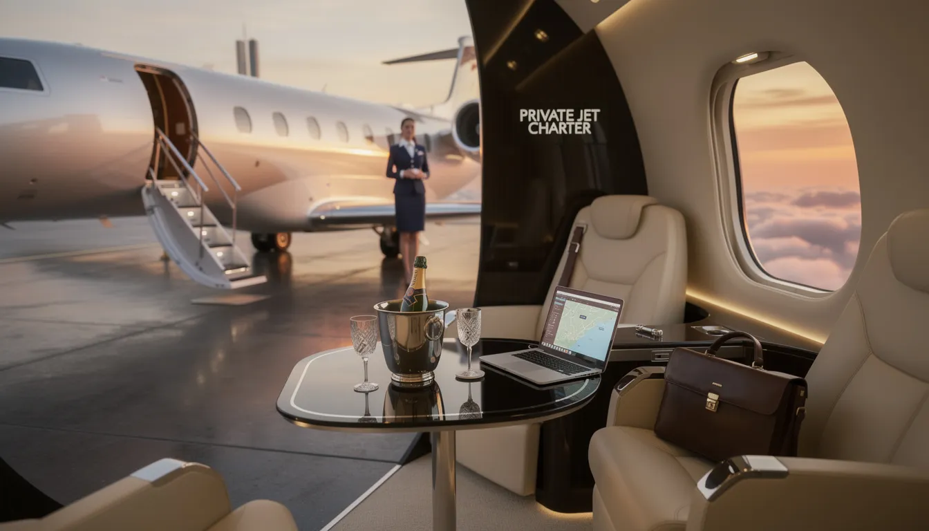 The image depicts a luxurious private jet, showcasing its sleek design and spacious interior, highlighting the comfort and elegance associated with private jet travel. This private jet charter option offers a premium flying experience, catering to private jet travelers seeking convenience and exclusivity.