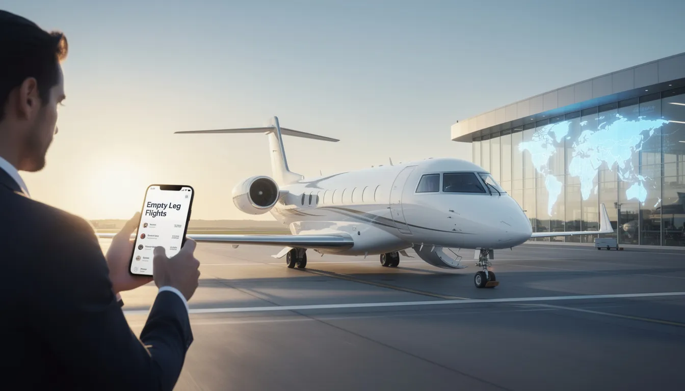 An image depicting the process of booking empty leg flights, showcasing a user-friendly interface where travelers can easily search for private flight options to various destinations, including Key West, at unbeatable prices. The scene emphasizes the comfort and efficiency of private aviation, highlighting the benefits of flying on a private jet while enjoying a seamless booking experience.